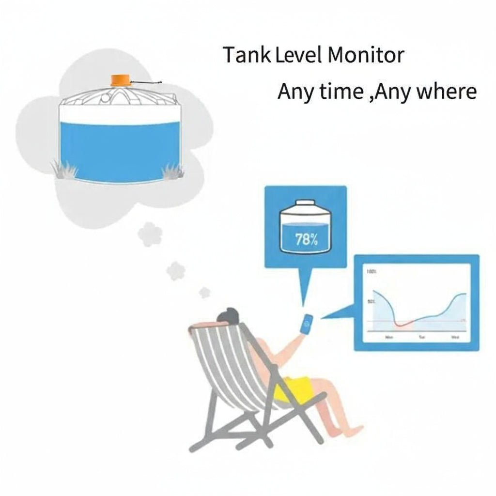 Illustration of a tank level monitor with a person on a beach chair and a digital display showing tank levels.